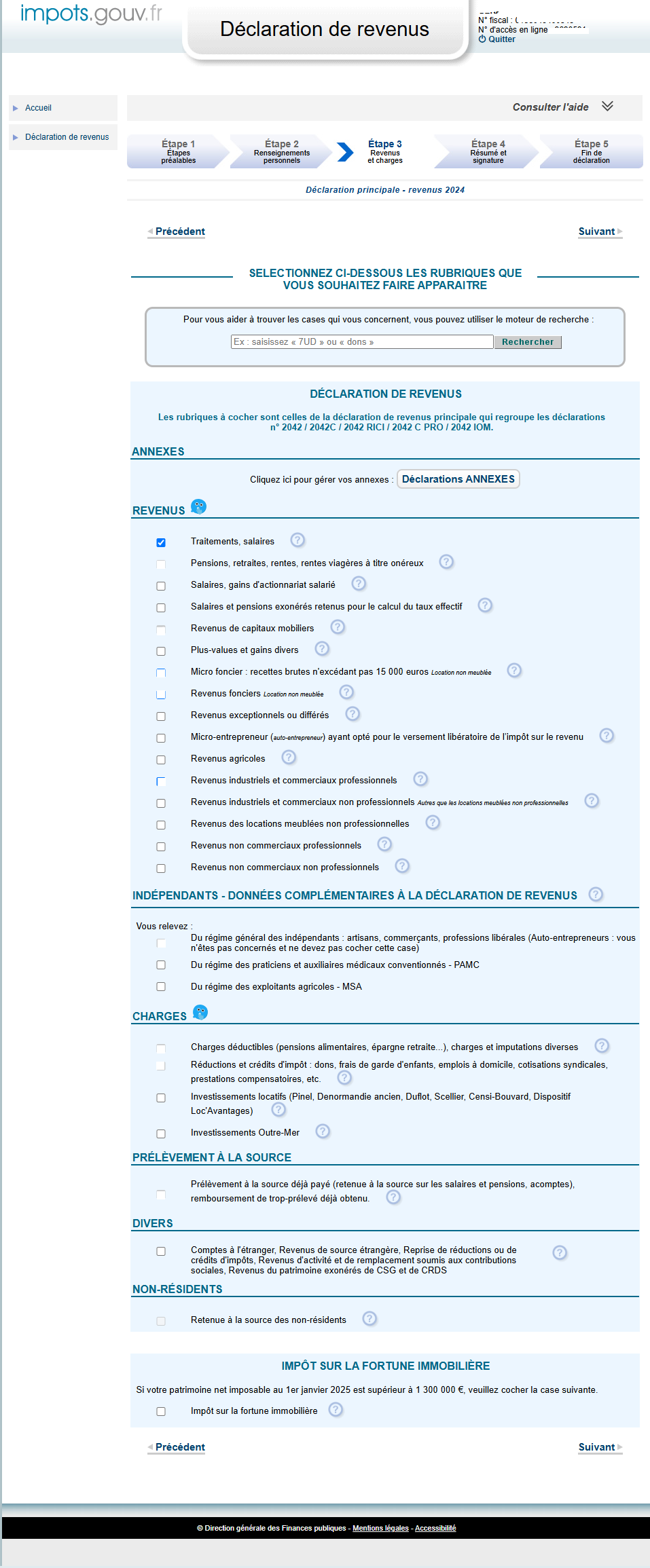 Choix rubriques revenus charges